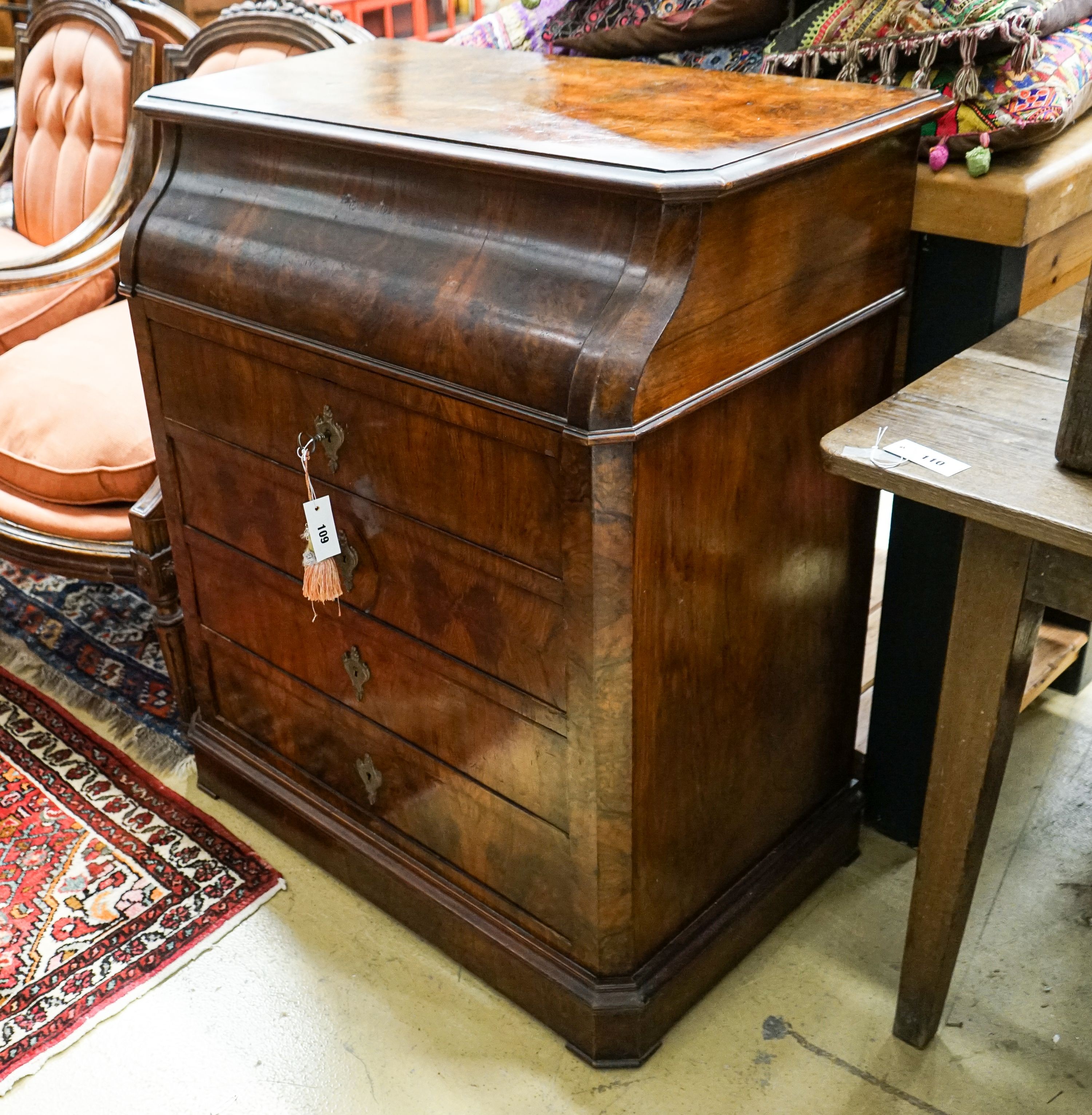 A 19th century French figured walnut washstand with marble lined interior, width 87cm, depth 50cm, height 99cm